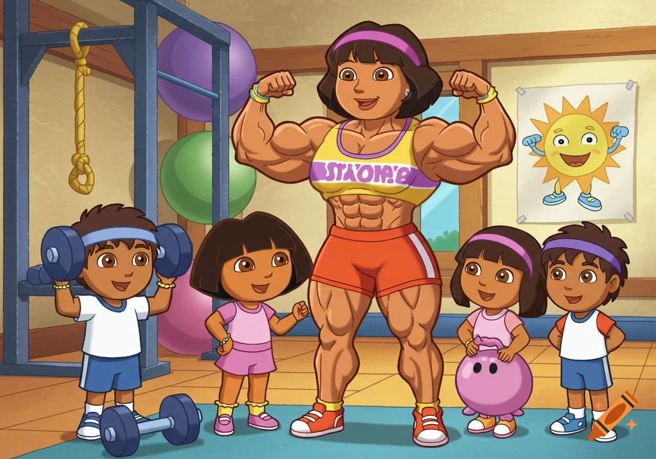 Dora's mom, heavily muscled, flexes at a gym with Dora and Diego, who also lift weights.