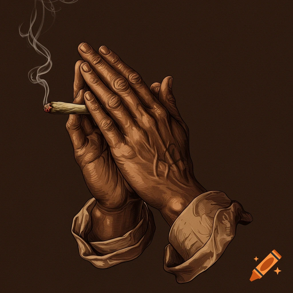 Detailed illustration of two brown praying hands holding a lit blunt with smoke rising, in an Albrecht Dürer-inspired style.