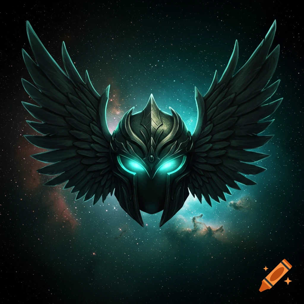 A dark, metallic winged helmet with glowing turquoise eyes against a dark cosmic background with stars and nebulae.