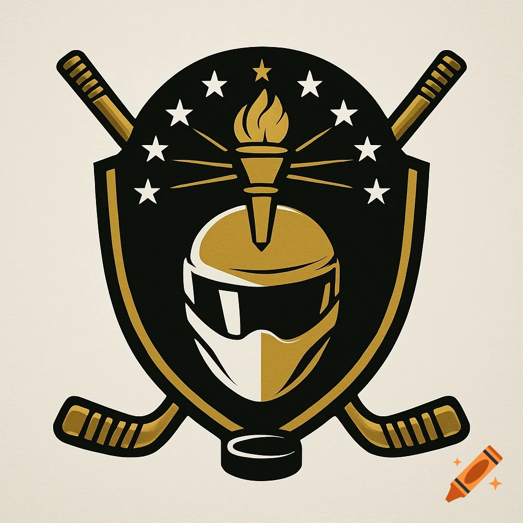 A gold and black sports logo featuring a racing helmet, torch, stars, crossed hockey sticks, and a puck on a crest.