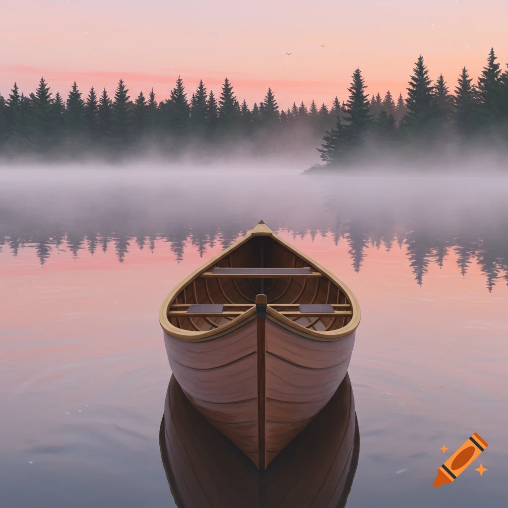 A wooden canoe floats on a misty lake at dawn with pine trees reflected in the water.