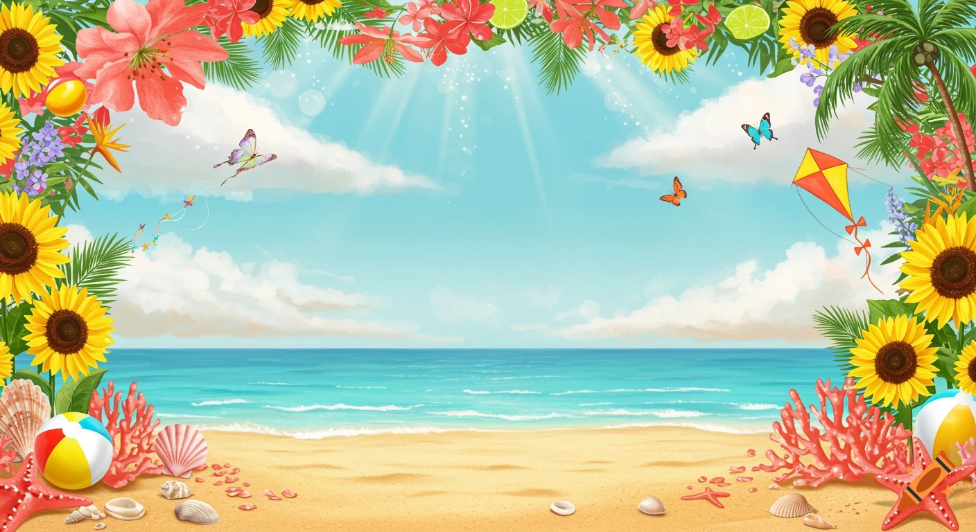 Vibrant illustration of a summer beach scene with a frame of sunflowers and tropical flowers, sea, sand, and beach items.