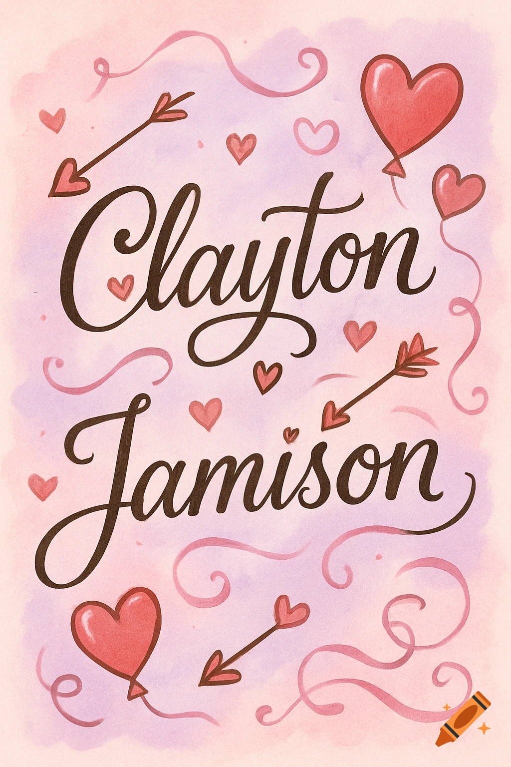 A watercolor illustration with the names Clayton and Jamison in cursive, surrounded by red heart balloons and cupid's arrows on a pink and purple background.