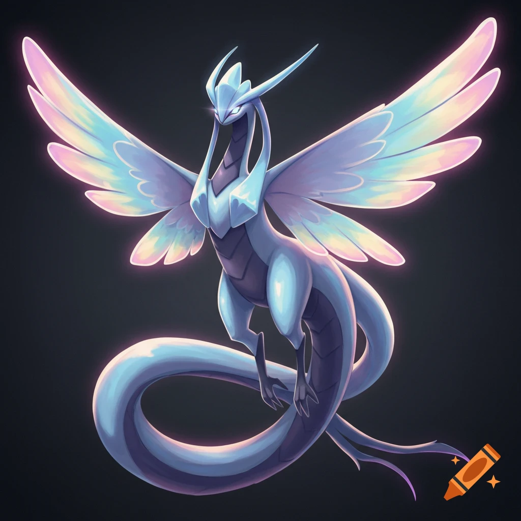 A stylized illustration of a white and purple dragon-like creature with large iridescent wings and glowing eyes against a dark background.