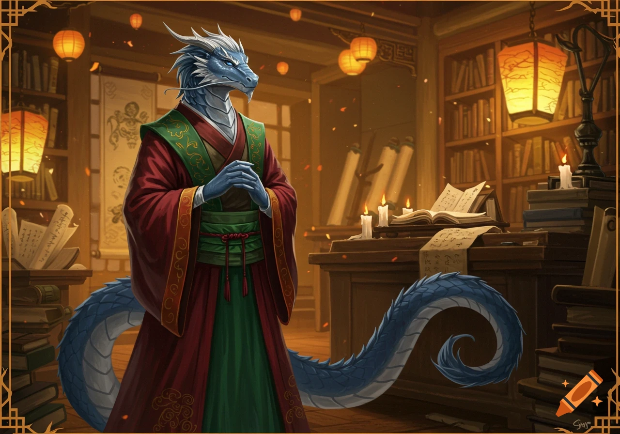 A blue dragon humanoid in traditional red and green robes stands in an ancient library filled with books and glowing lanterns.