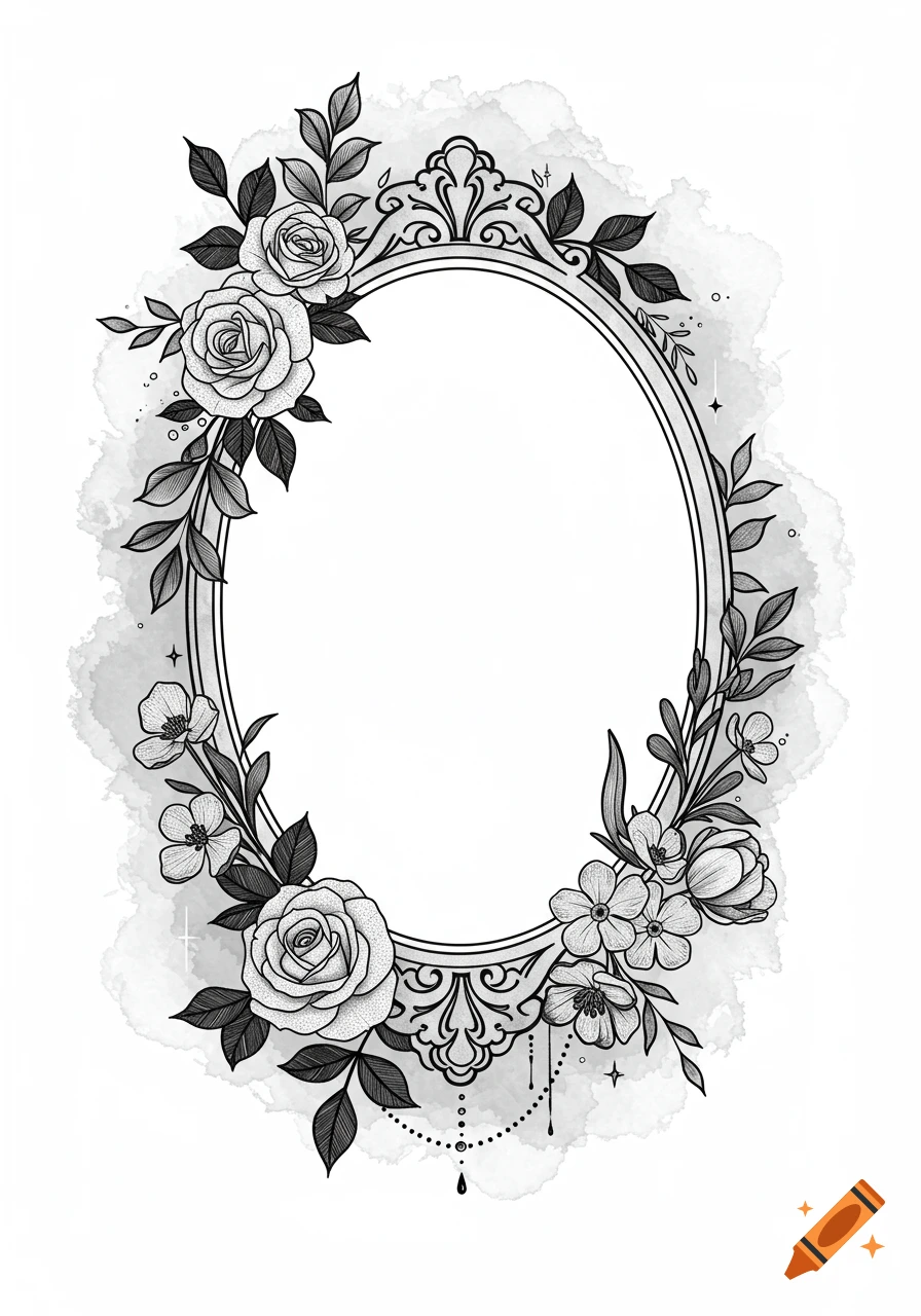 Black and white oval frame with ornate gothic accents, surrounded by whimsical roses, tulips, and leaves with a subtle watercolor background.