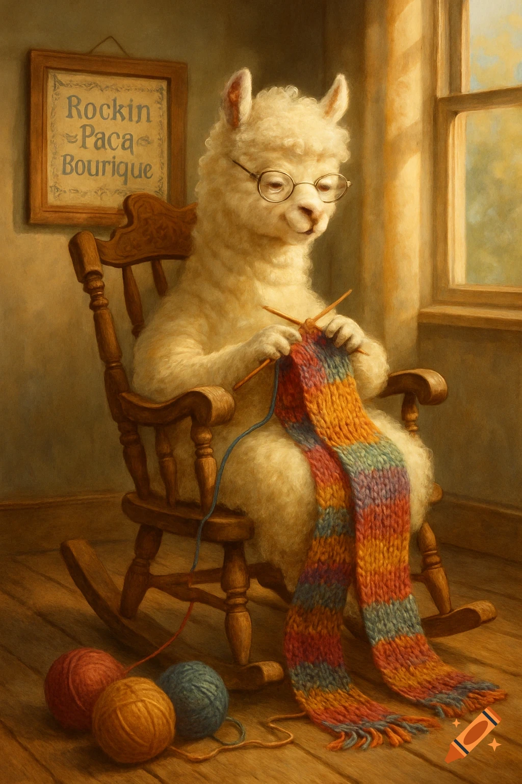 A sweet grandma alpaca in glasses sits in a rocking chair, knitting a vibrant, striped scarf. A sign on the wall reads "Rockin' Paca Boutique."
