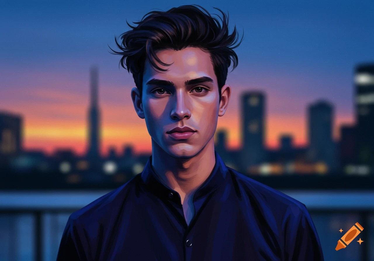 A stylized portrait of a young man with dark hair in a black shirt, against a blurred city skyline at sunset.