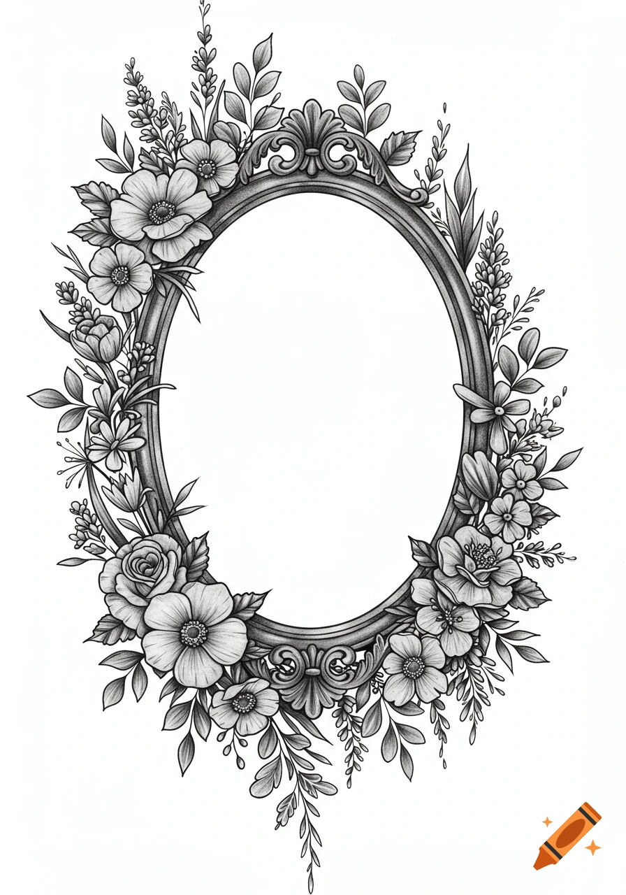 A detailed black and white illustration of an ornate oval antique frame surrounded by lush wildflowers, roses, tulips, and leaves.