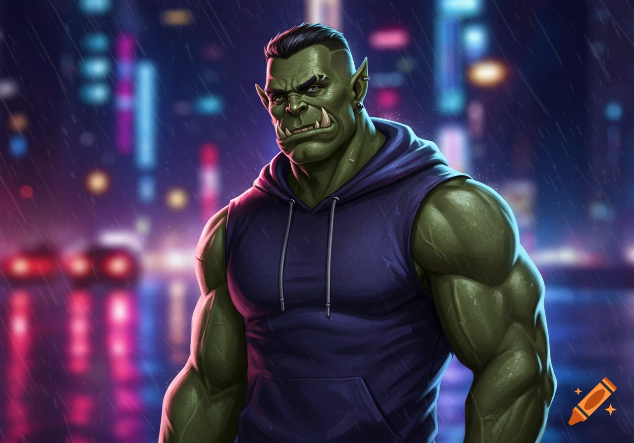 A muscular green orc with a buzz cut and tusks wears a purple sleeveless hoodie in a rainy cyberpunk city at night with blurred neon lights.