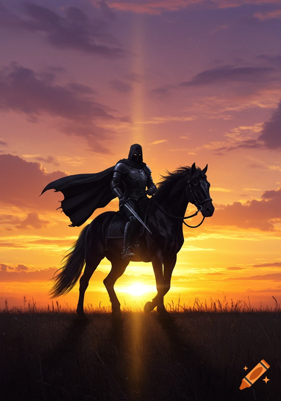 A mysterious cloaked knight on a black horse stands silhouetted against a vibrant orange and purple sunset in a field.