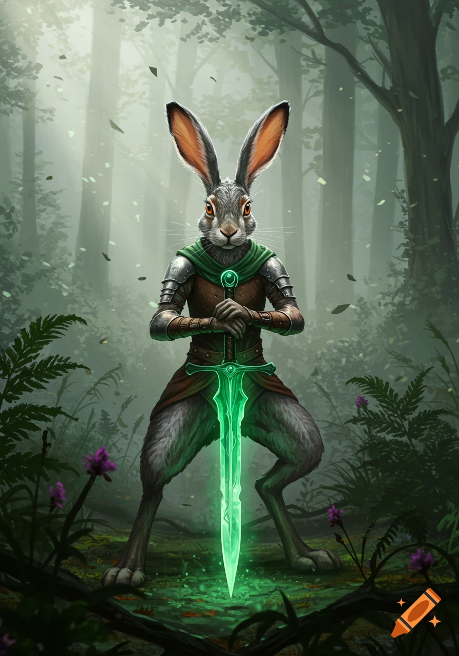 A fantastical hare warrior stands in a misty forest, holding a glowing emerald green sword.