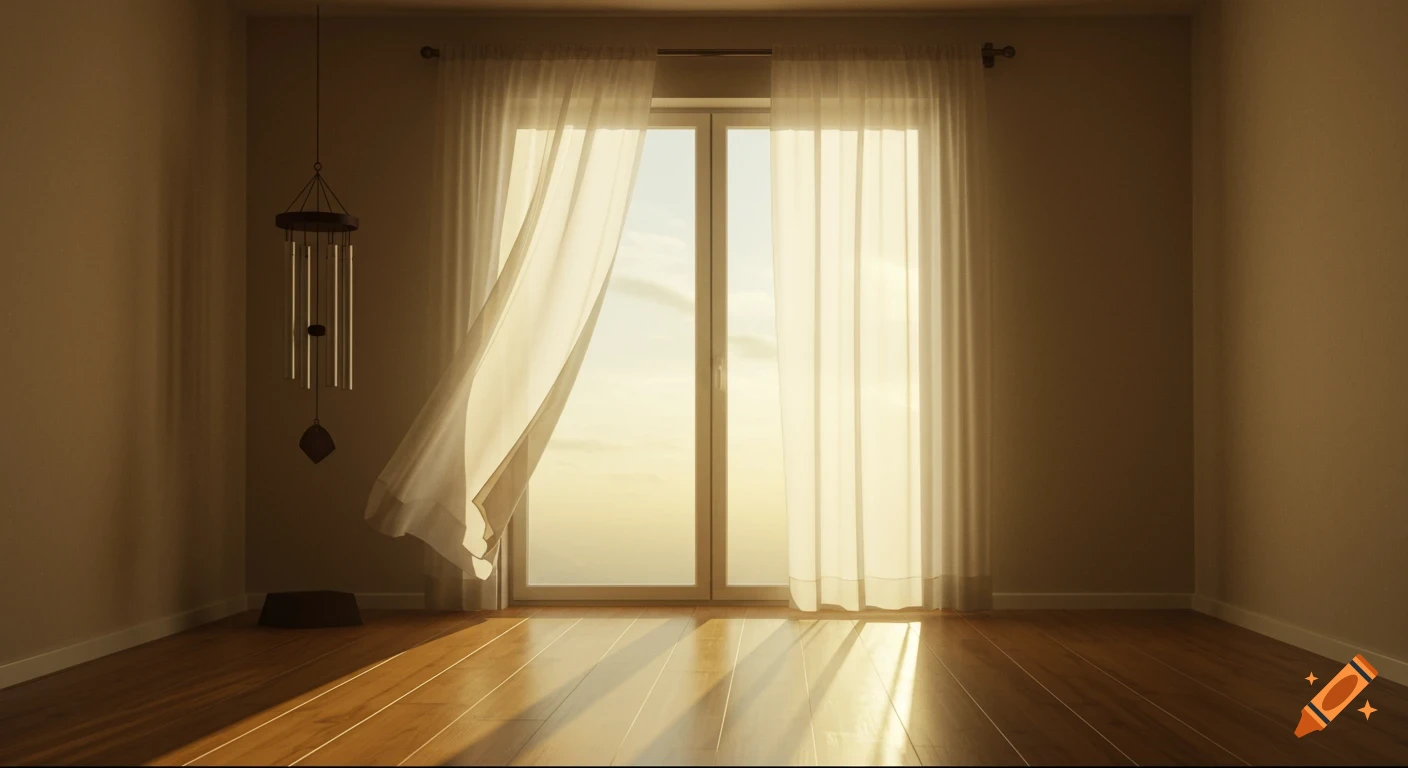 A sunlit empty room with a wooden floor, a large window with white curtains fluttering, and a wind chime hanging near the window. Photorealistic style.