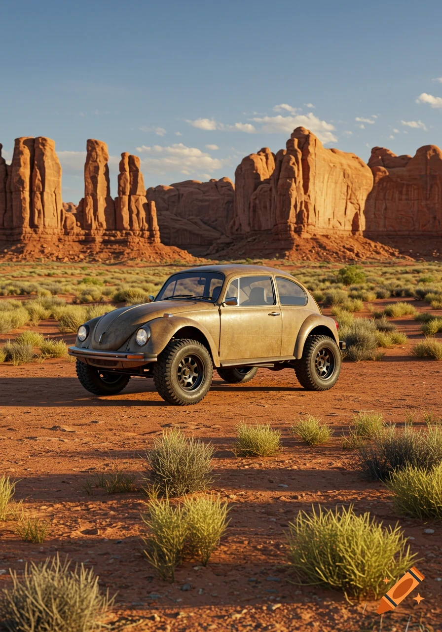 A photorealistic image of a vintage tan VW Beetle with off-road tires parked in a desert clearing with red rock formations under a blue sky.