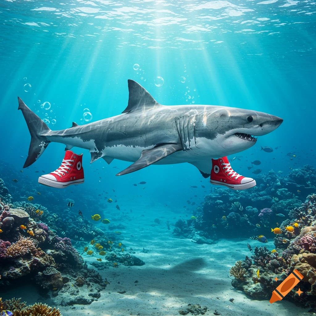 A photorealistic great white shark swims underwater, comically wearing two bright red high-top sneakers on its pectoral fins. Coral reefs and fish are visible below.