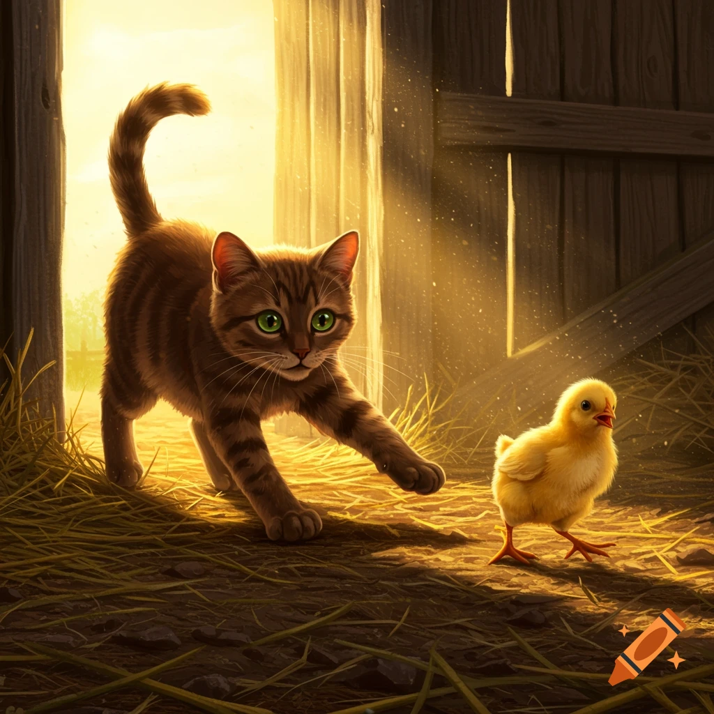A brown tabby cat with green eyes in a playful crouch approaches a small yellow chick on a straw-covered ground, illuminated by golden light from a barn doorway.