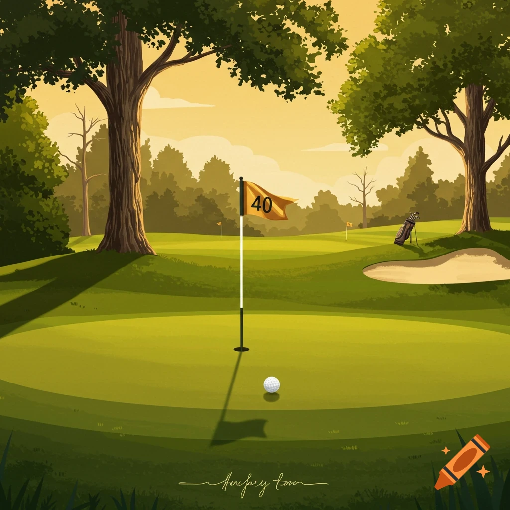 An illustration of a golf course at sunset, featuring a flag with the number 40 and a golf ball on the green.