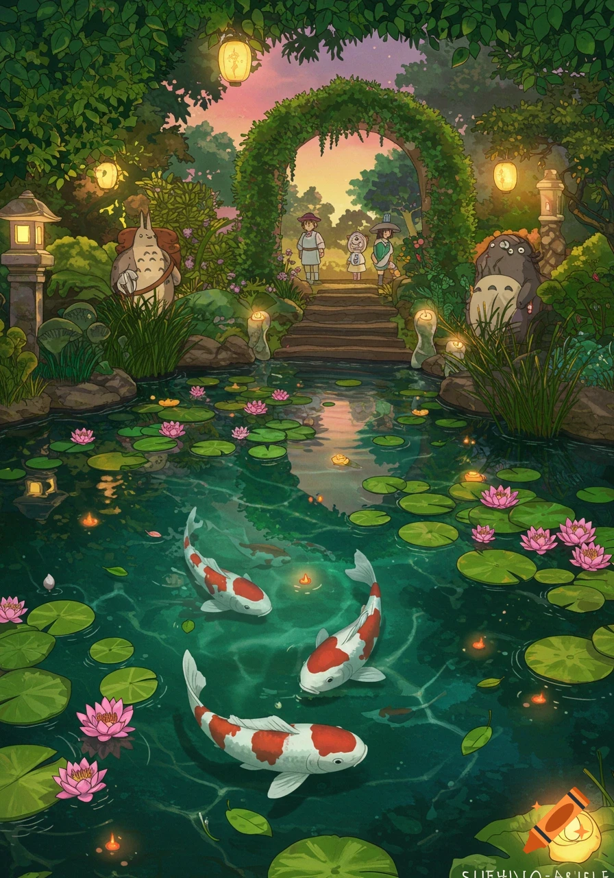 A Studio Ghibli-style garden scene with a pond, lotus flowers, and three koi fish, with characters and Totoro-like creatures.