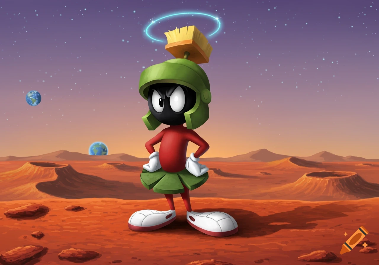 Marvin the Martian stands on a red planet under a starry sky with a blue glowing halo and broom on his helmet, two Earths in the background.