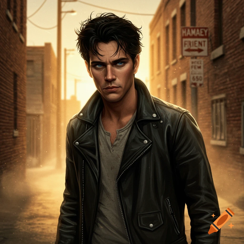 A brooding man with dark hair and blue eyes, wearing a black leather jacket, stands in a golden-lit alley.