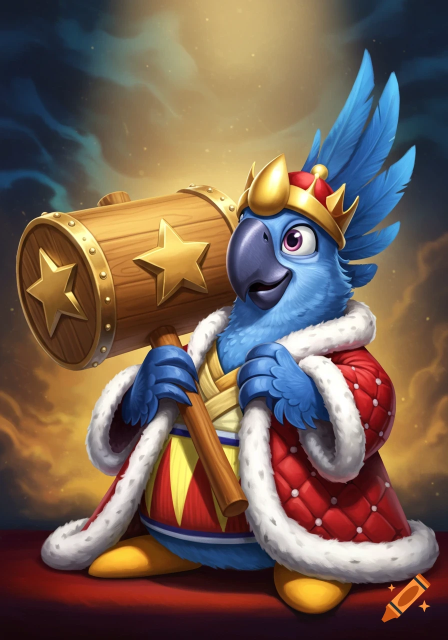 A cartoon blue macaw, Blu from Rio, dressed as King Dedede, holding a large wooden hammer with golden stars, looking intimidating.