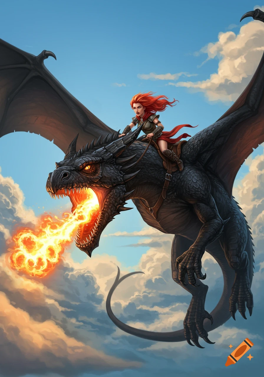 A red-haired woman rides a large black dragon breathing fire through a cloudy sky in a fantasy art style.