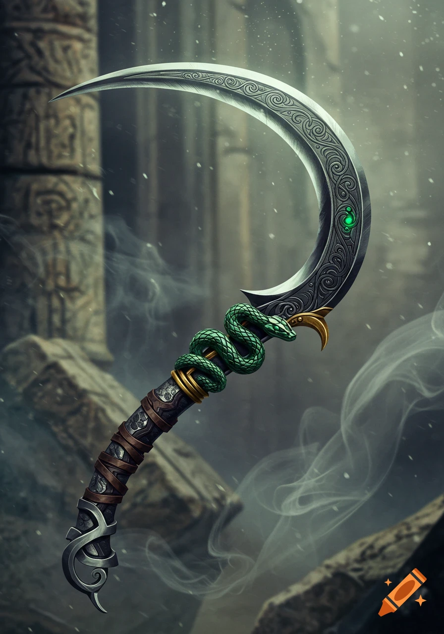A fantasy curved blade with intricate patterns, a green gem, and a green snake coiled around the handle, set against a blurry ruined background.