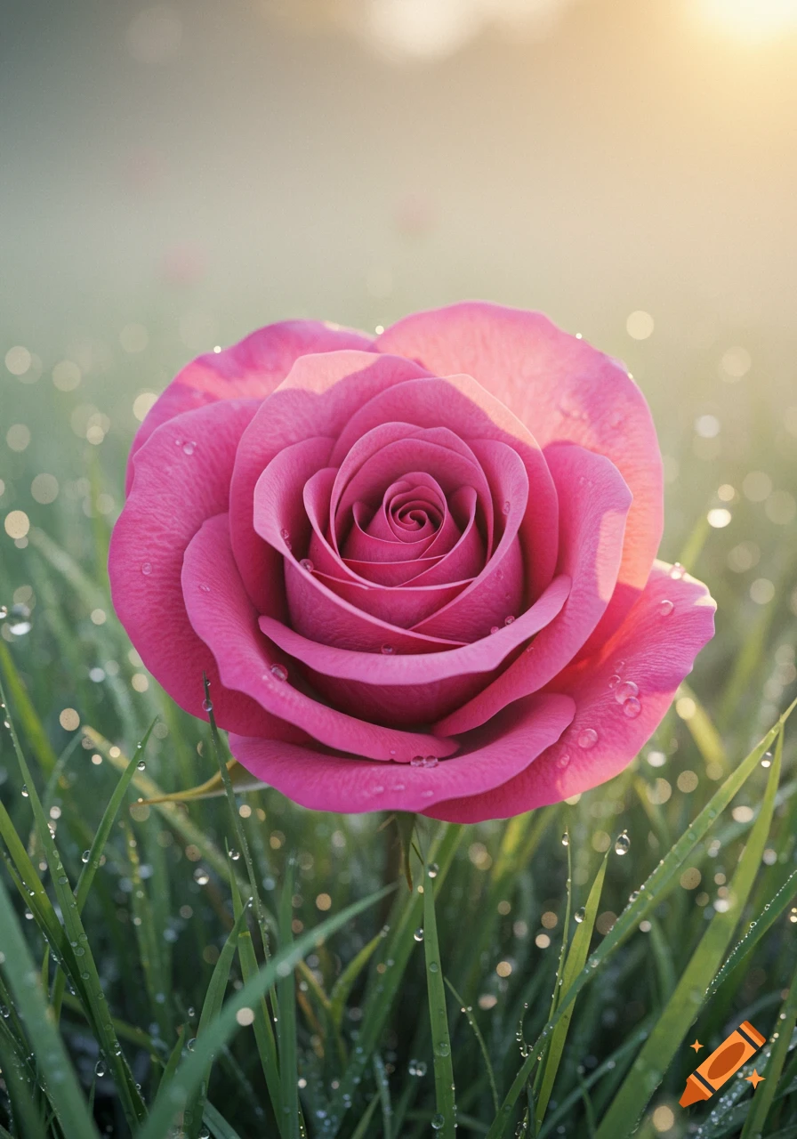 A vibrant pink rose with water droplets on its petals, surrounded by dewy green grass under soft sunlight.