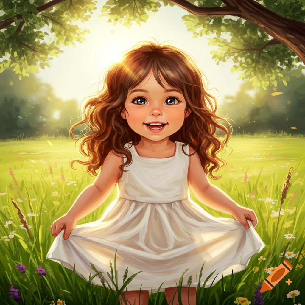 A cute, smiling young girl with curly brown hair in a white dress stands in a sunny field of green grass and wildflowers under trees.