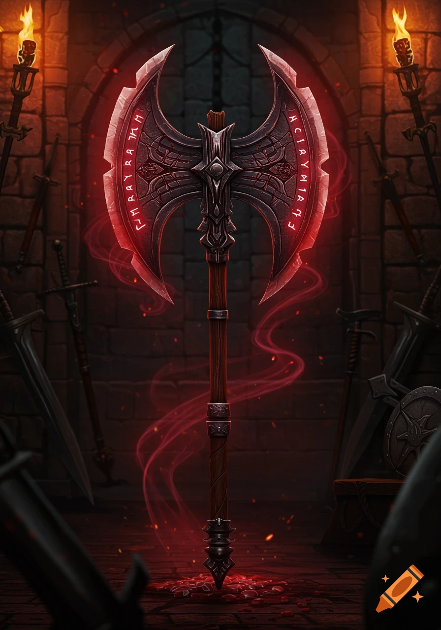 A large, double-bladed fantasy axe with glowing red runes stands upright in a dark, stone dungeon amidst other weapons and torches.