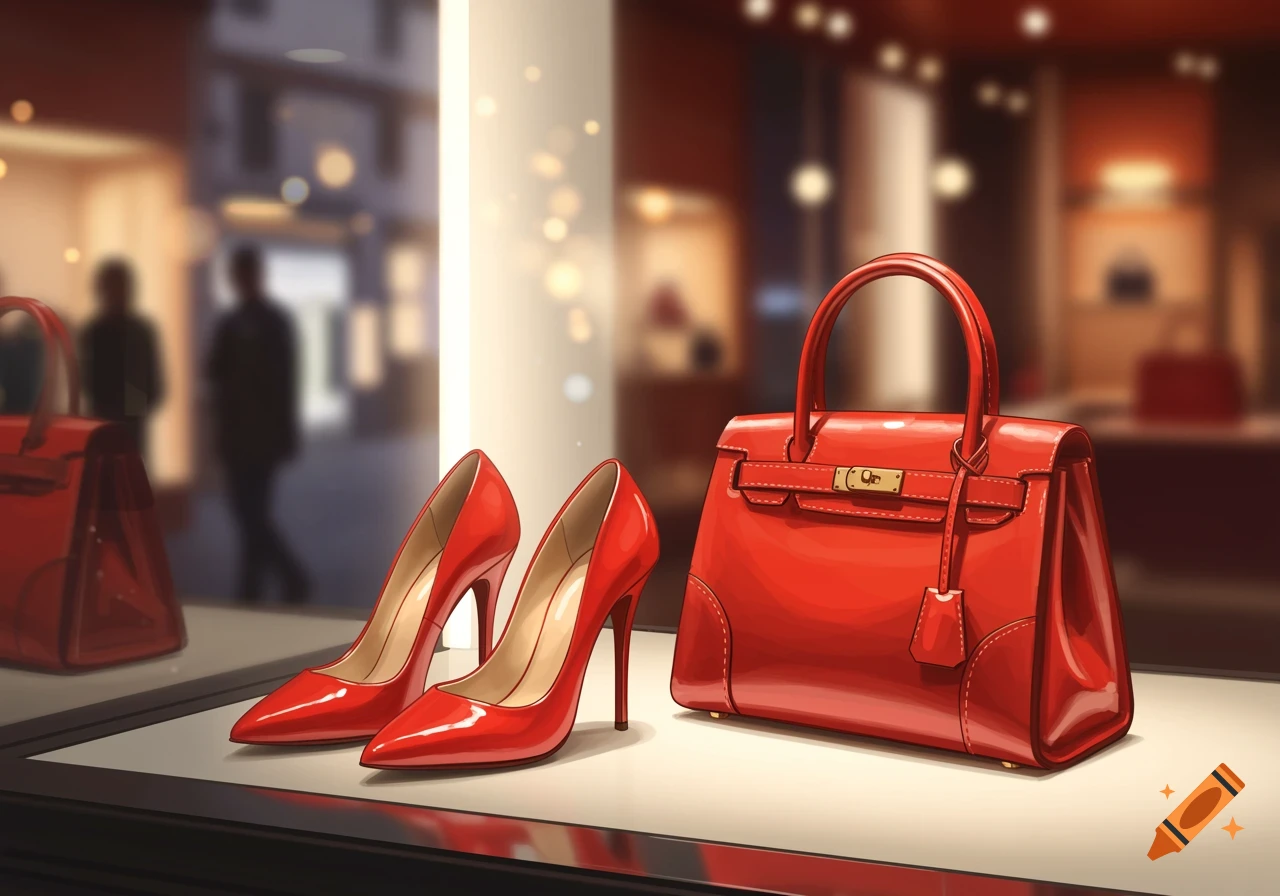 Two red high-heeled shoes and a red handbag displayed on a shelf in a brightly lit store.