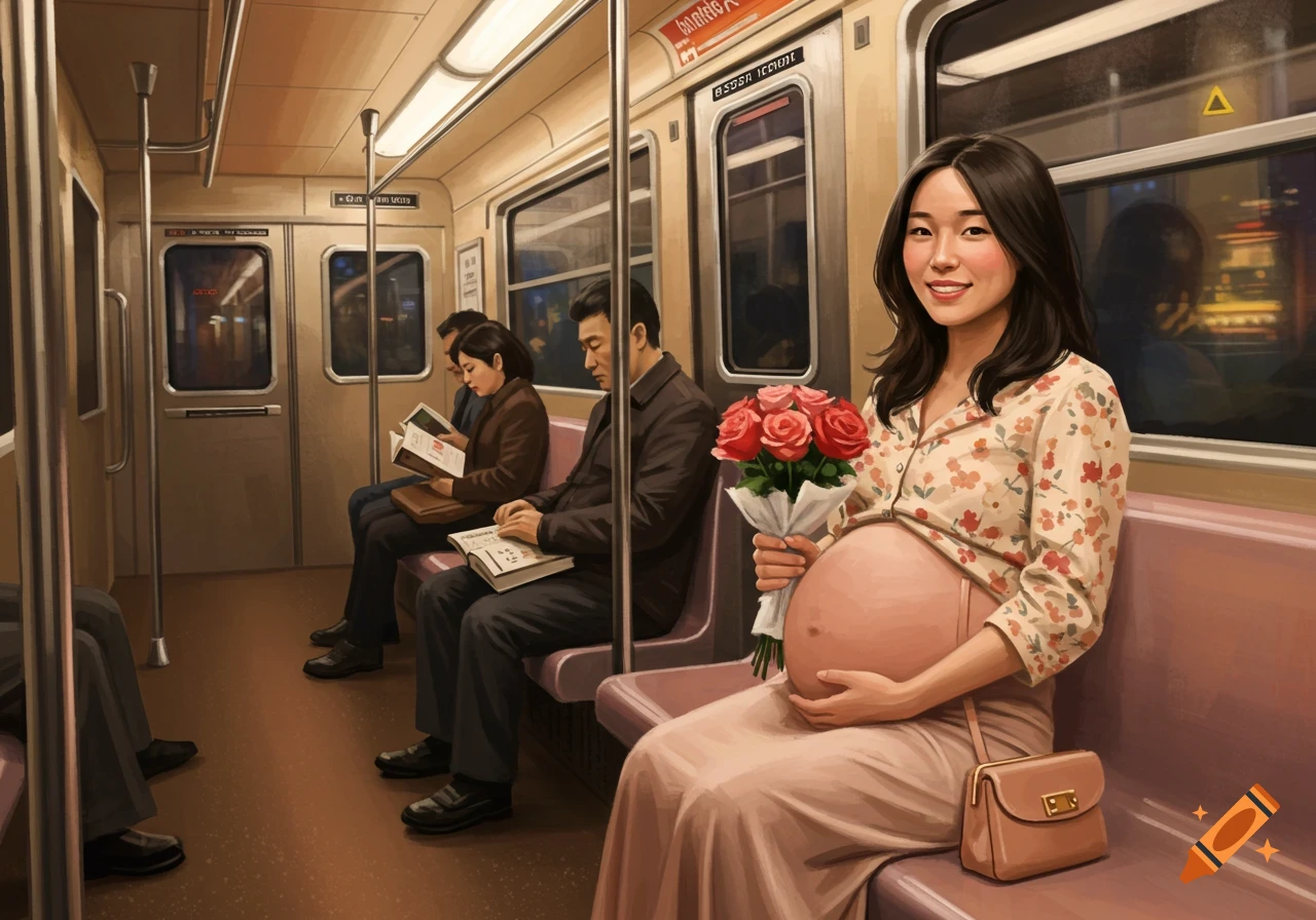 An illustration of a smiling pregnant Asian woman sitting on a subway train, holding a bouquet of red roses and a purse. Other passengers are in the background.