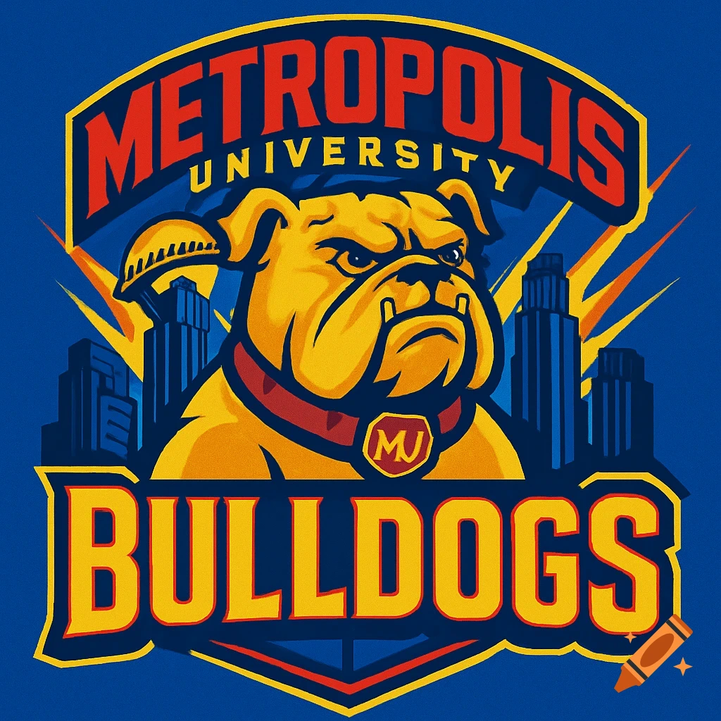 A stylized logo for Metropolis University Bulldogs featuring a yellow bulldog head with a red collar, blue city skyscrapers in the background, and red text on a blue shield.