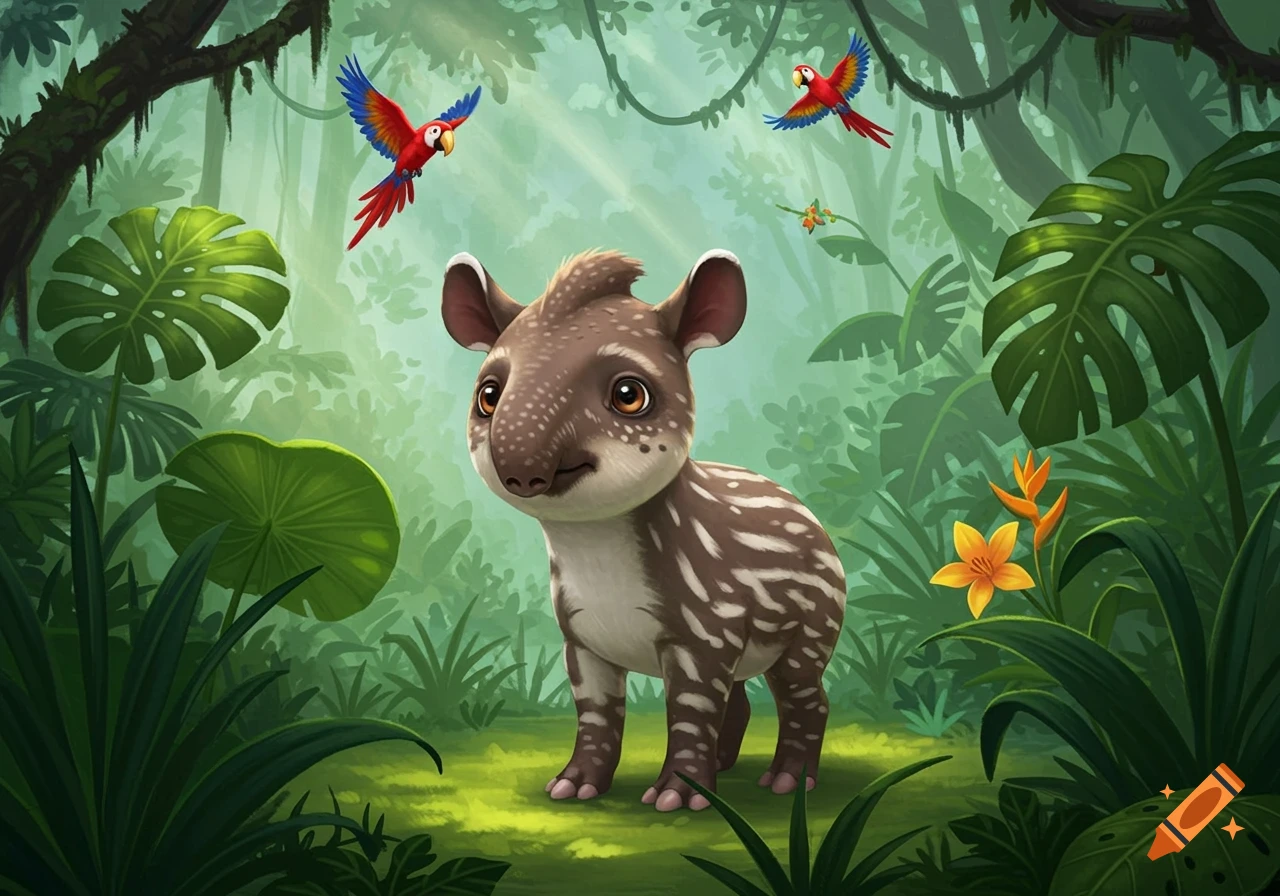 A cute baby tapir with white spots stands in a lush cartoon jungle, with two parrots flying in the background.