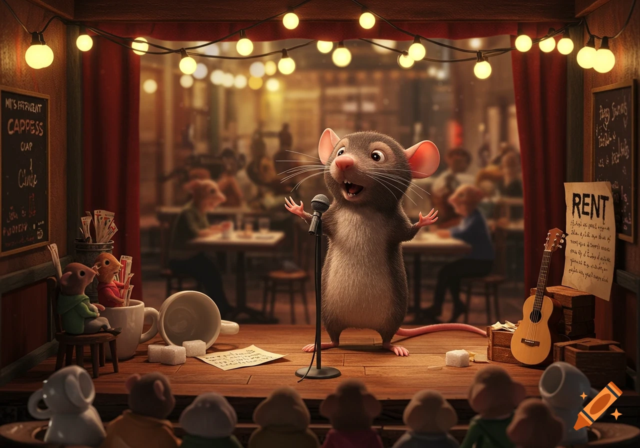 A cartoon rat stands on a stage with a microphone, performing stand-up comedy in a dimly lit club. An audience of other rats watches.