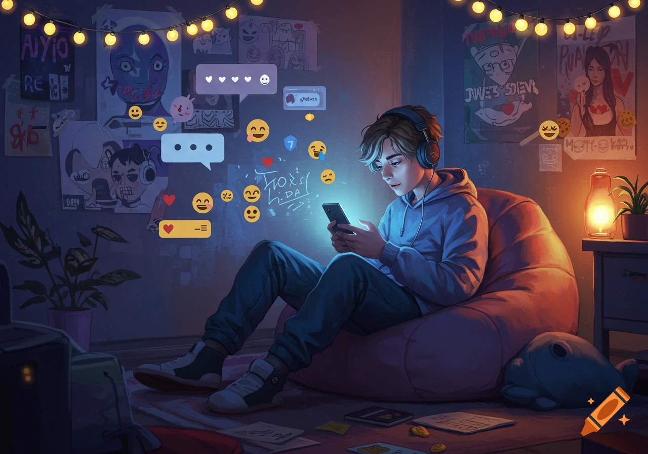 A stylized digital illustration of a young person with headphones on a bean bag, engrossed in their phone with social media icons floating around.