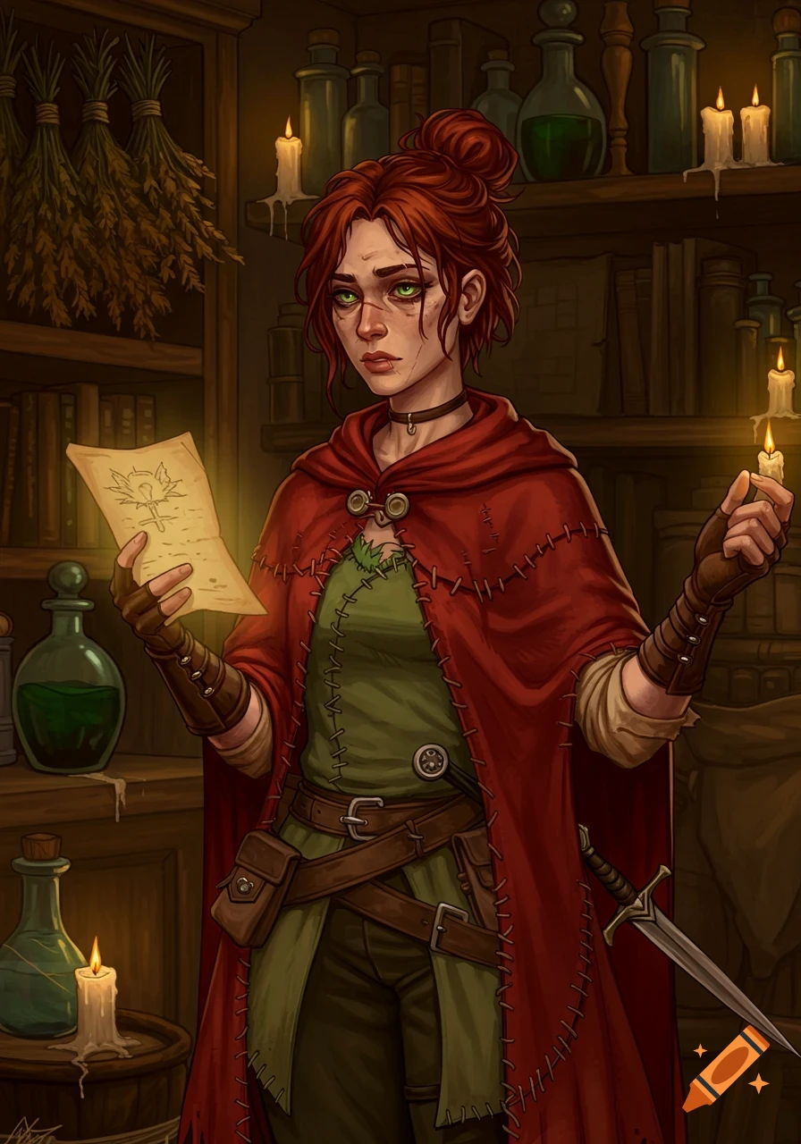 A red-haired female healer in a red cloak holds a glowing scroll and a candle in a dark, candlelit apothecary.