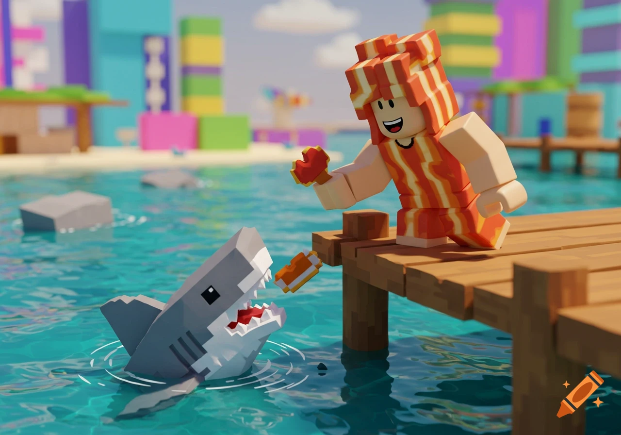 A blocky Roblox avatar with bacon hair feeds a shark from a wooden pier in a vibrant, blocky beach scene.