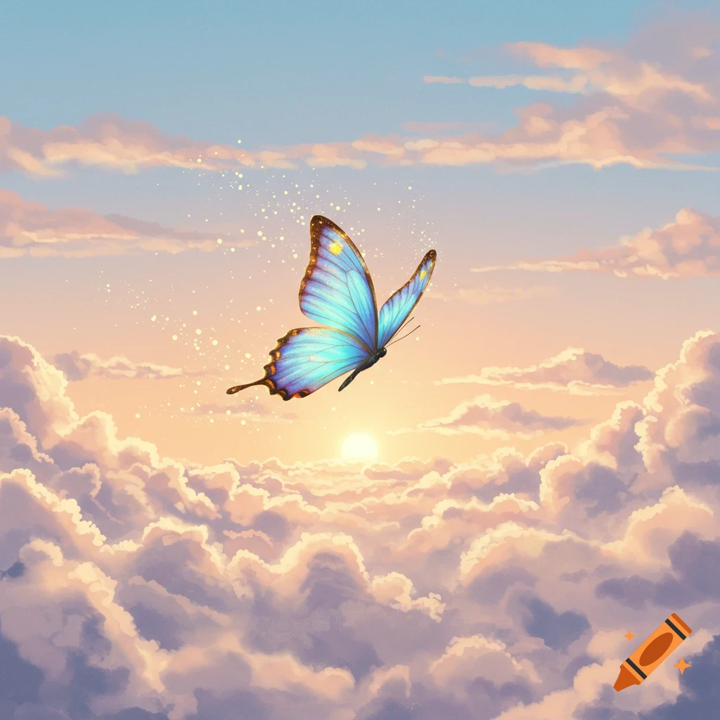 A bright blue and orange butterfly with glowing specks flying above fluffy clouds during sunrise or sunset.