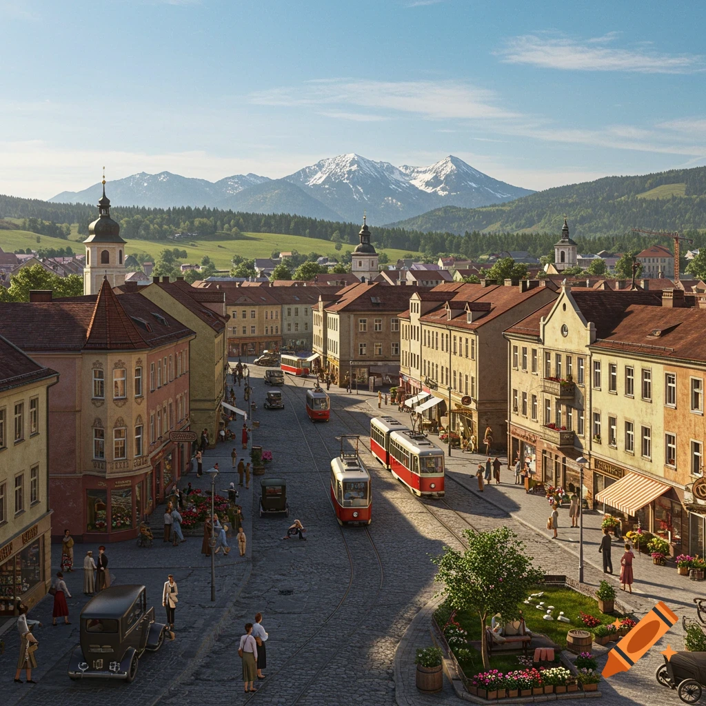 A photorealistic 1950s city street scene with trams, pedestrians, shops, and vintage cars, set against snow-capped mountains.