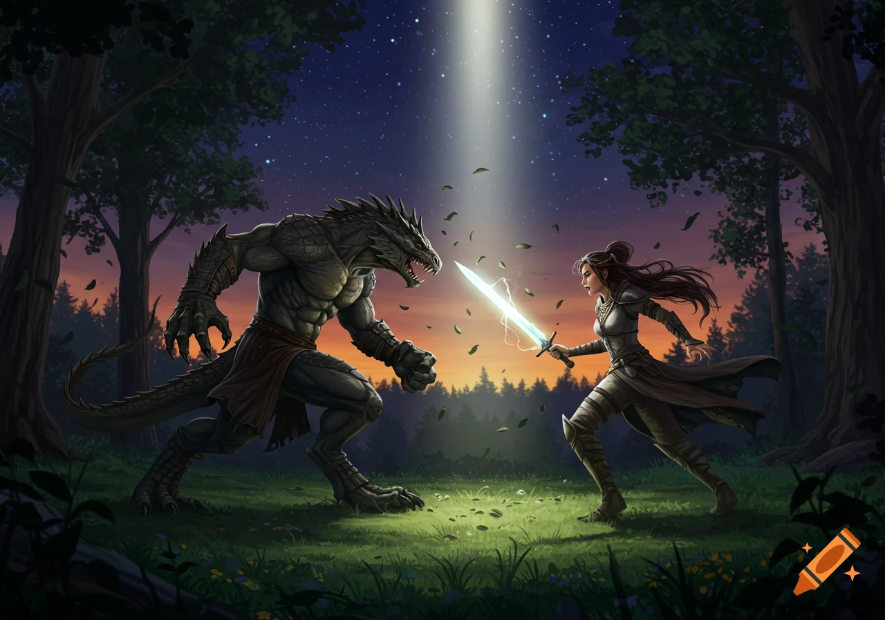 A female warrior with a glowing sword confronts a reptilian creature in a dark forest with a beam of light from the sky, in a fantasy art style.