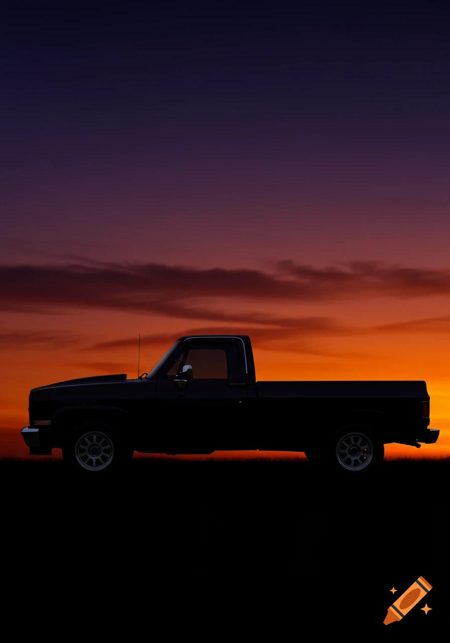 A black silhouette of a Chevrolet Silverado pickup truck against a vibrant orange and purple sunset.