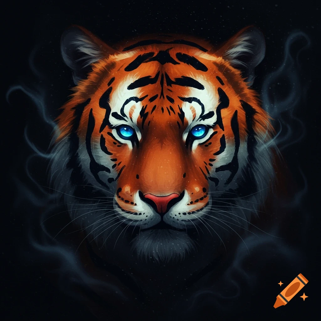 A close-up, stylized digital painting of a tiger's face with glowing blue eyes set against a dark background.