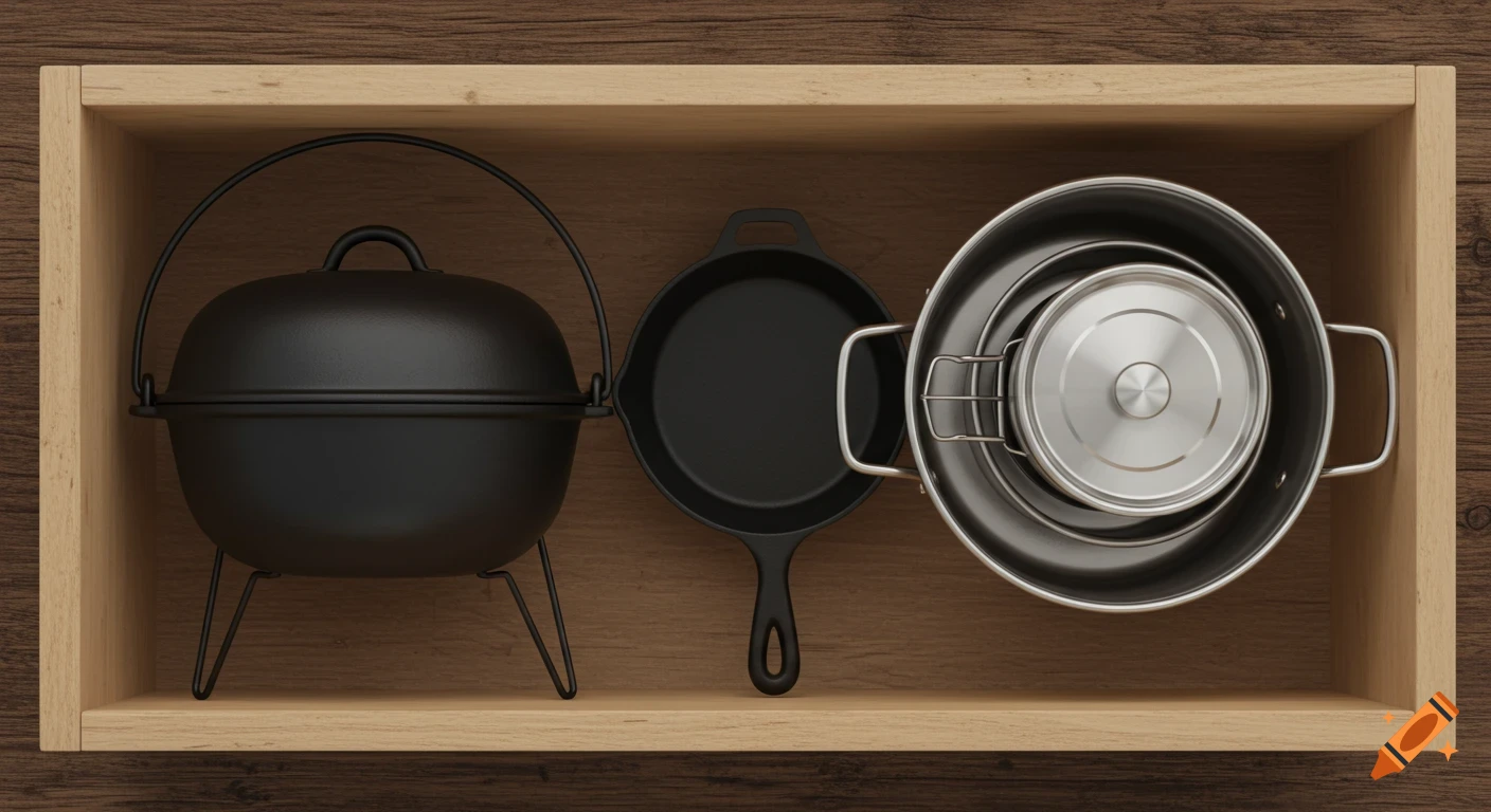 Top-down view of neatly arranged black cast iron and stainless steel camping cookware inside a wooden drawer.
