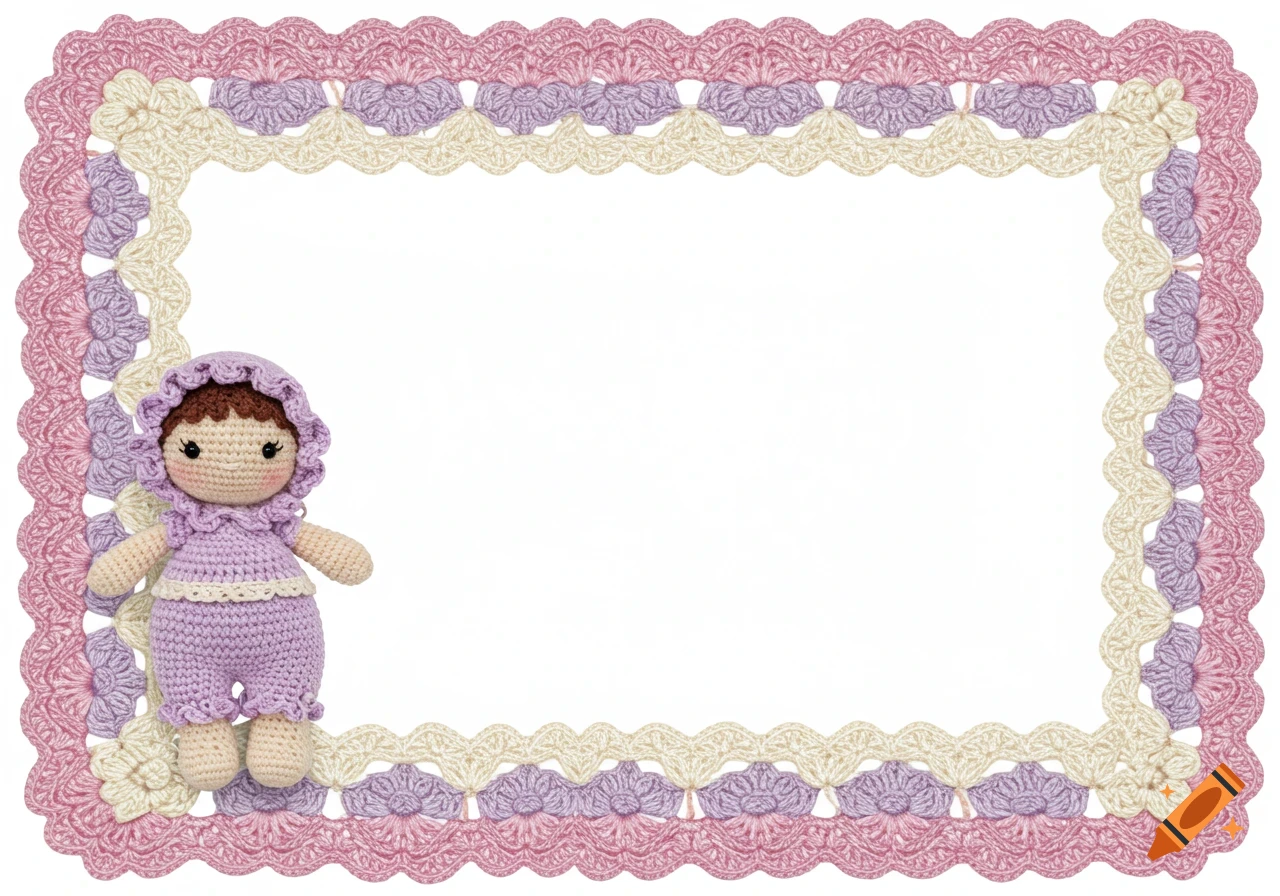 A purple crochet baby girl doll with a bonnet sits inside a rectangular border made of pink, purple, and cream crochet patterns on a white background.