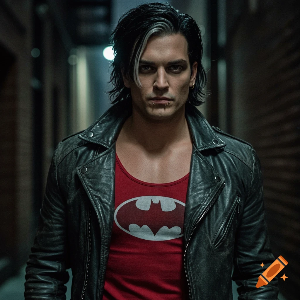A man with black and white hair, piercings, a leather jacket, and a red Batman logo tank top, in a dark alley. Photorealistic.