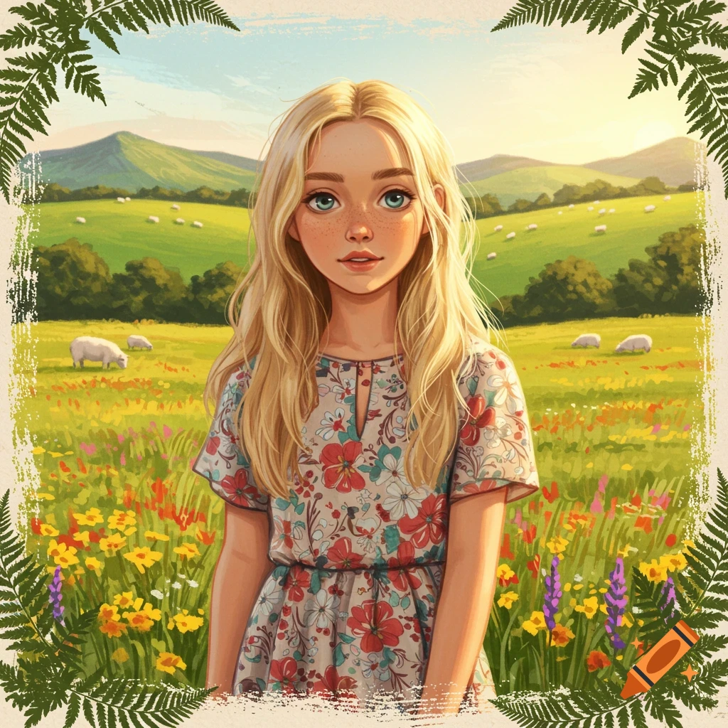 Illustration of a blonde girl in a floral dress standing in a field of wildflowers with hills and sheep, framed by ferns.