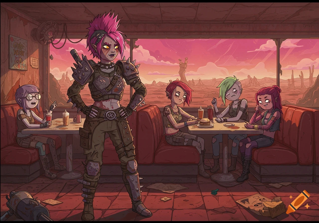 Five cartoon raider girls, one standing in front, others seated at diner booths, in a derelict diner with a post-apocalyptic desert landscape outside, in the style of Adventure Time.