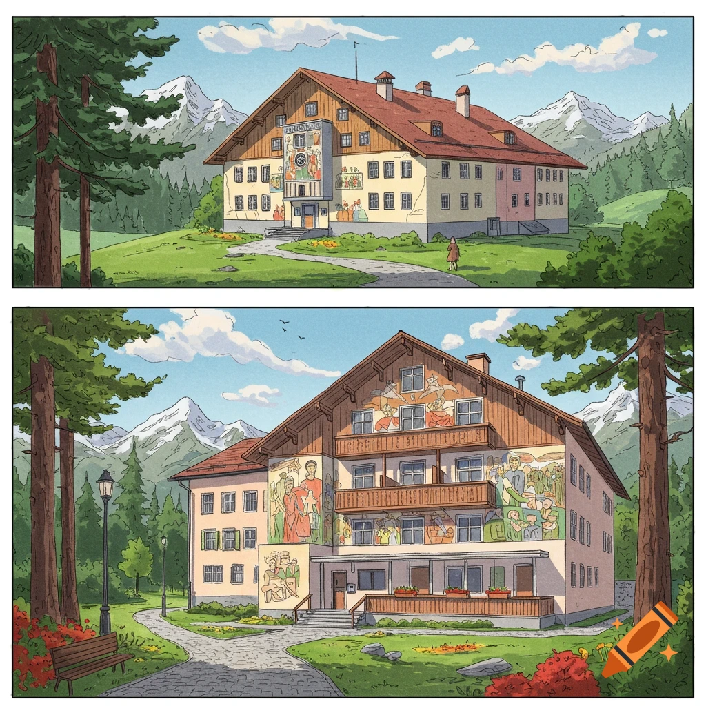 Two comic-style illustrations of a traditional alpine building with a red roof and murals on its facade, set in a mountainous landscape.