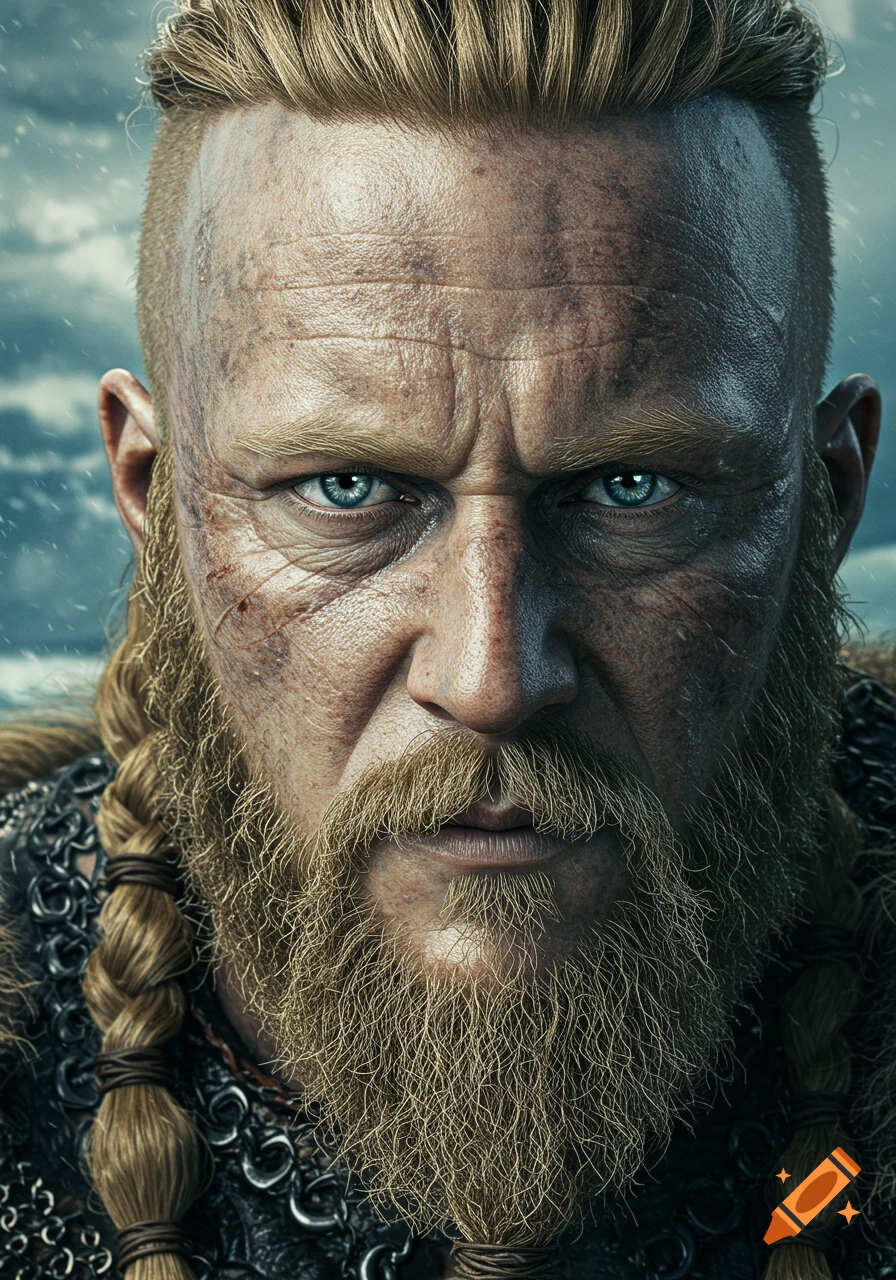 Close-up photorealistic portrait of a rugged Viking with a braided beard, blond hair, and piercing blue eyes, against a stormy sky.